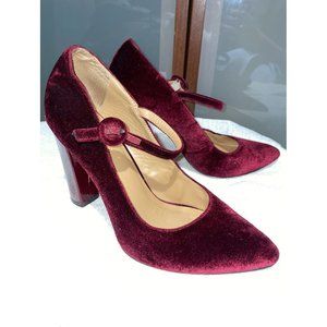 Cecilia New York Red Crushed Velvet Patent Maryjanes Strap Pumps Heels Size 9.5